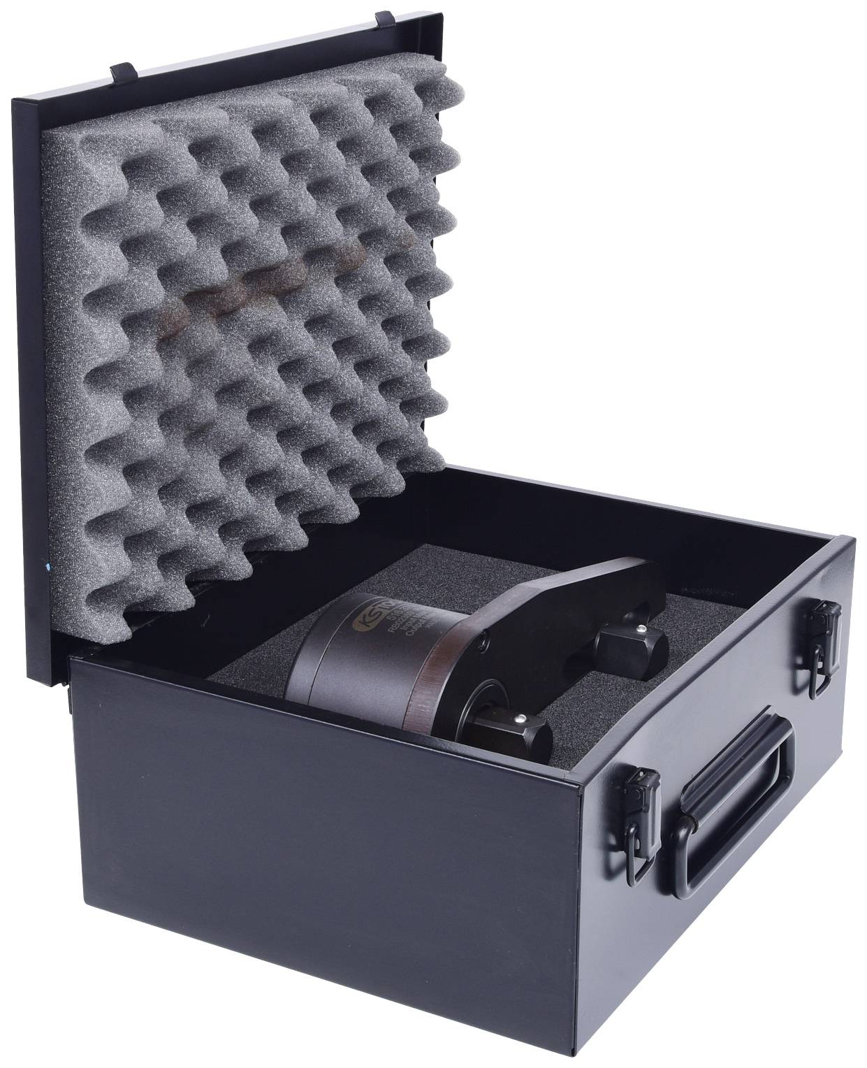 An open black case with foam lining reveals a mechanical device, potentially a tool or instrument.