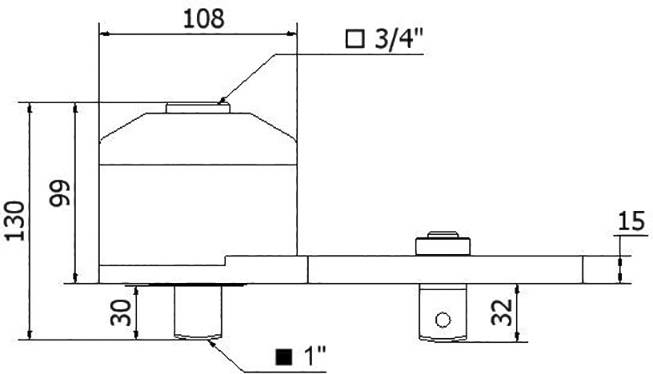 Technical drawing of a mechanical component with dimensions in millimetres: height 130, width 108, various details and vertical/horizontal measurements.