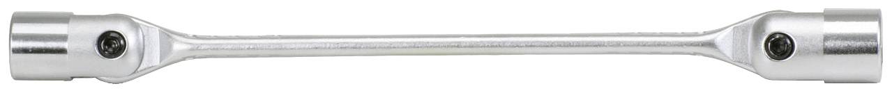 A silver, metallic torque wrench in a horizontal position, with two ends for applying rotational force during mechanical work.