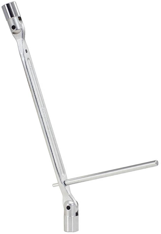 A silver-coloured wheel cross spanner with two different socket sizes at the ends and a handle.