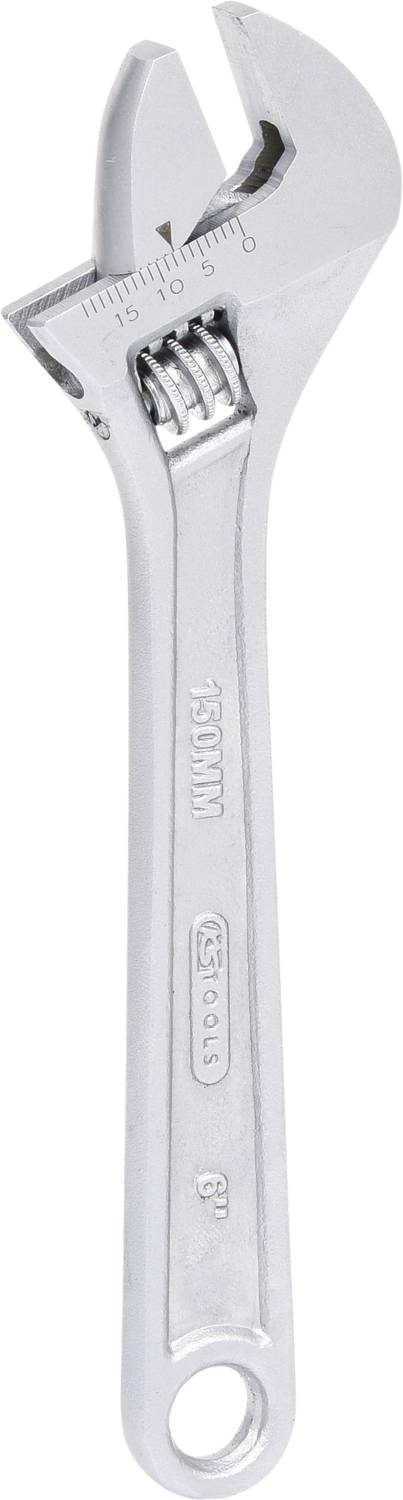 A silver adjustable spanner, standing upright, with markings for size adjustment. Primarily used for plumbing and repair work.
