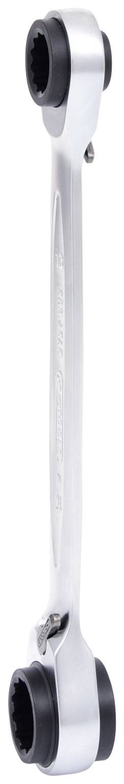 A silver spanner with two black rubber grip ends.