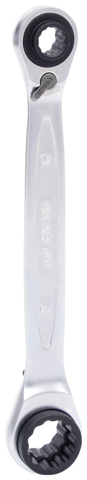 A silver ratchet ring spanner with two open ends for different screw sizes, suitable for loosening and tightening nuts.