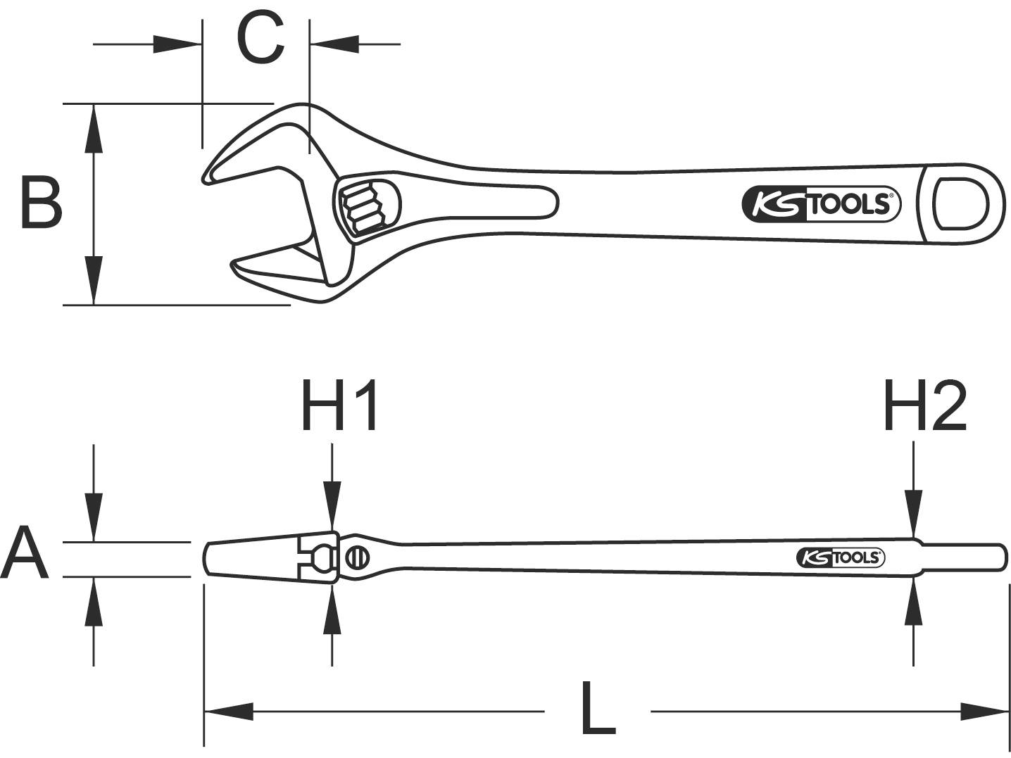 Dimensional diagram of an adjustable spanner with markings: Length 'L', Head height 'H1' and 'H2', Width 'B', Opening 'A', Distance 'C'.