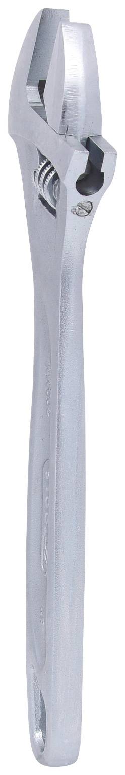 Adjustable metal spanner in silver, against a white background.