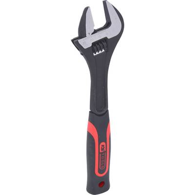 An adjustable spanner with a black handle and red detail, suitable for various screw sizes.