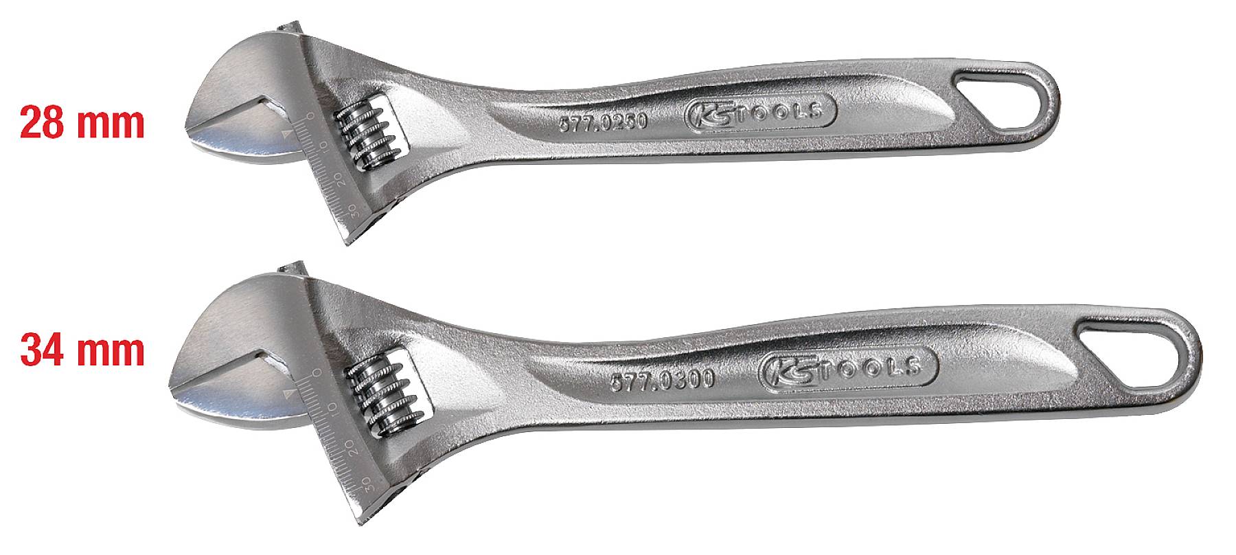 Two adjustable spanners, one with a maximum opening of 28 mm and the other with 34 mm.