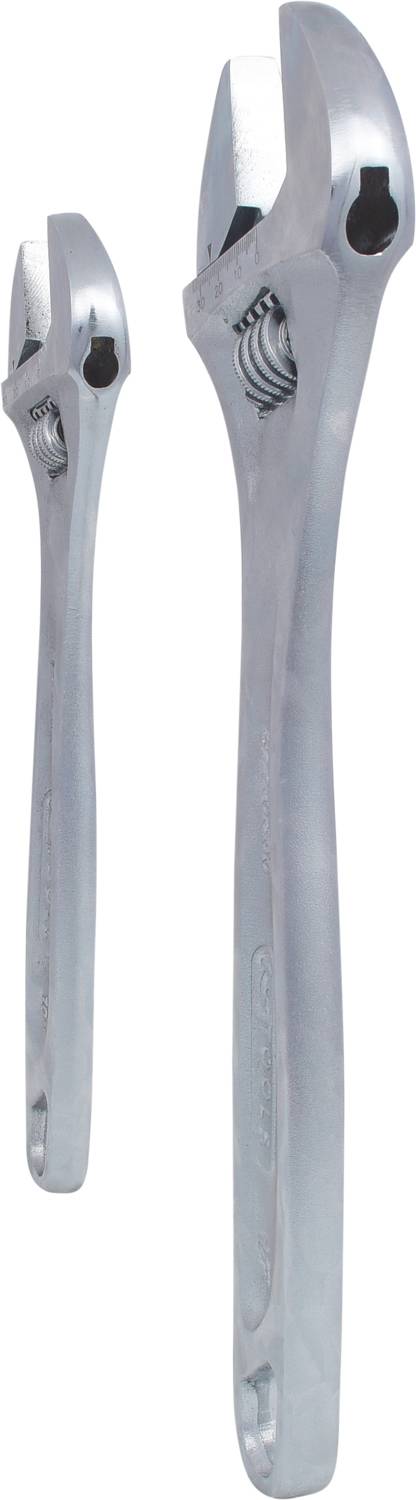 Two adjustable spanners made of silver-coloured metal, one larger than the other, against a white background.