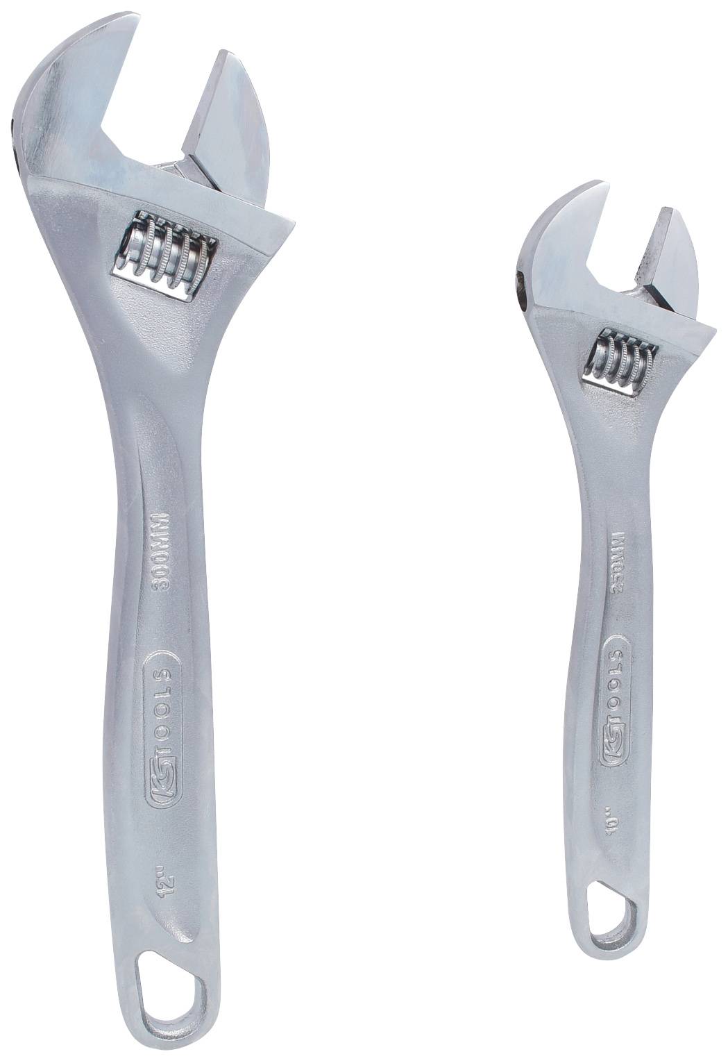 Two adjustable metal spanners side by side. The one on the left is larger, the one on the right smaller. They are silver in colour and show teeth for gripping.