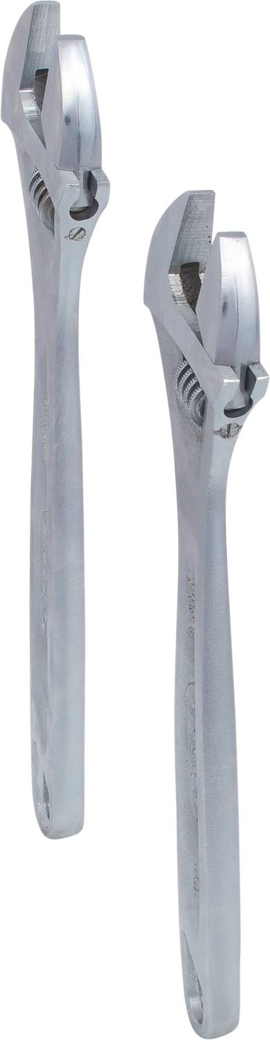 Two silver spanners in various positions.