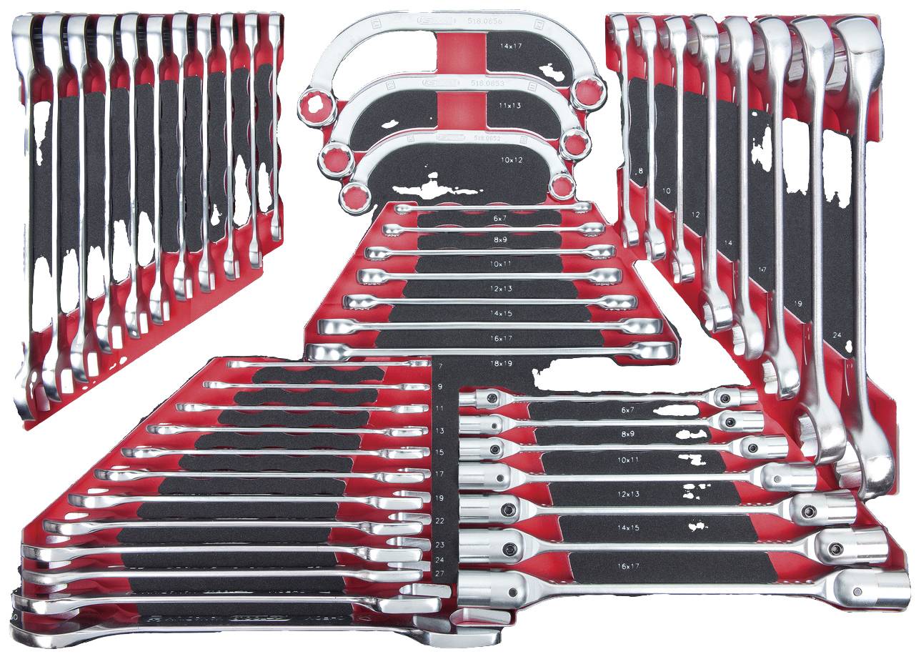A set of 26 chrome-plated ring spanners, arranged in a tool set with red and black compartments.