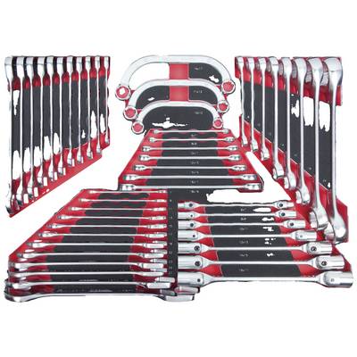 A set of 26 chrome-plated ring spanners, arranged in a tool set with red and black compartments.
