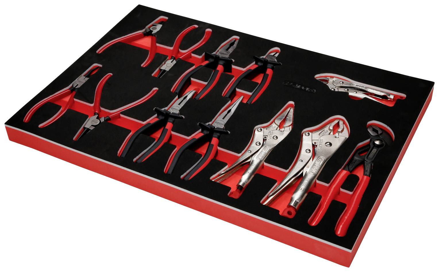 Set of various pliers in a black and red toolbox. Contains gripping, pipe, and combination pliers, organised in rows.