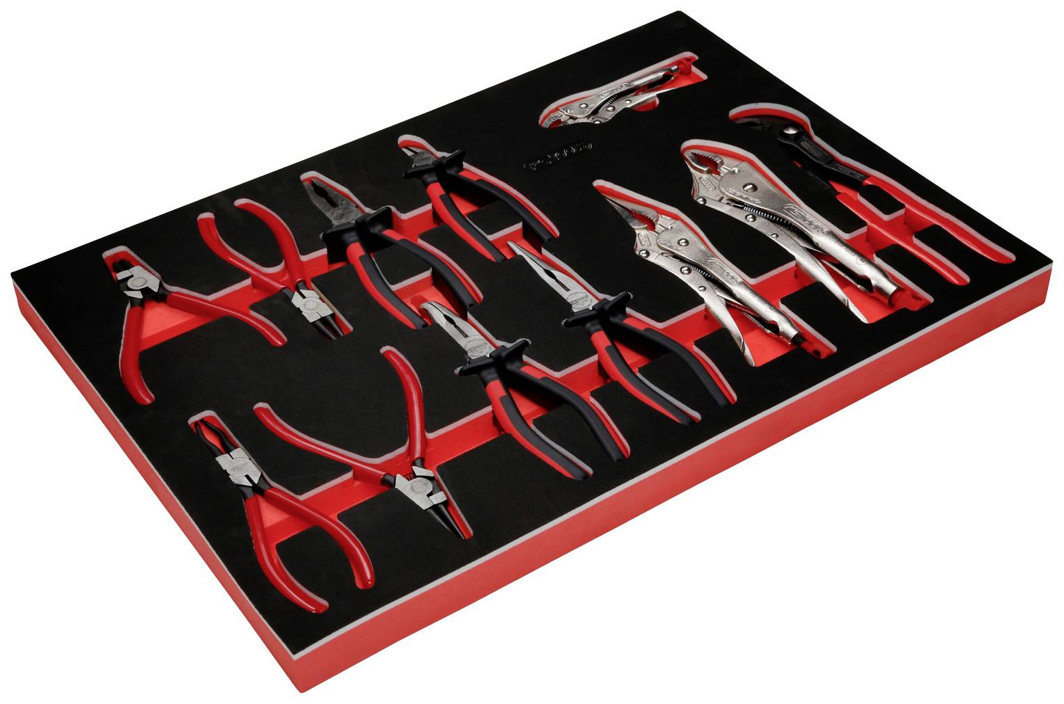 A tool set with various pliers, including pipe and grip pliers, in a red tool tray.