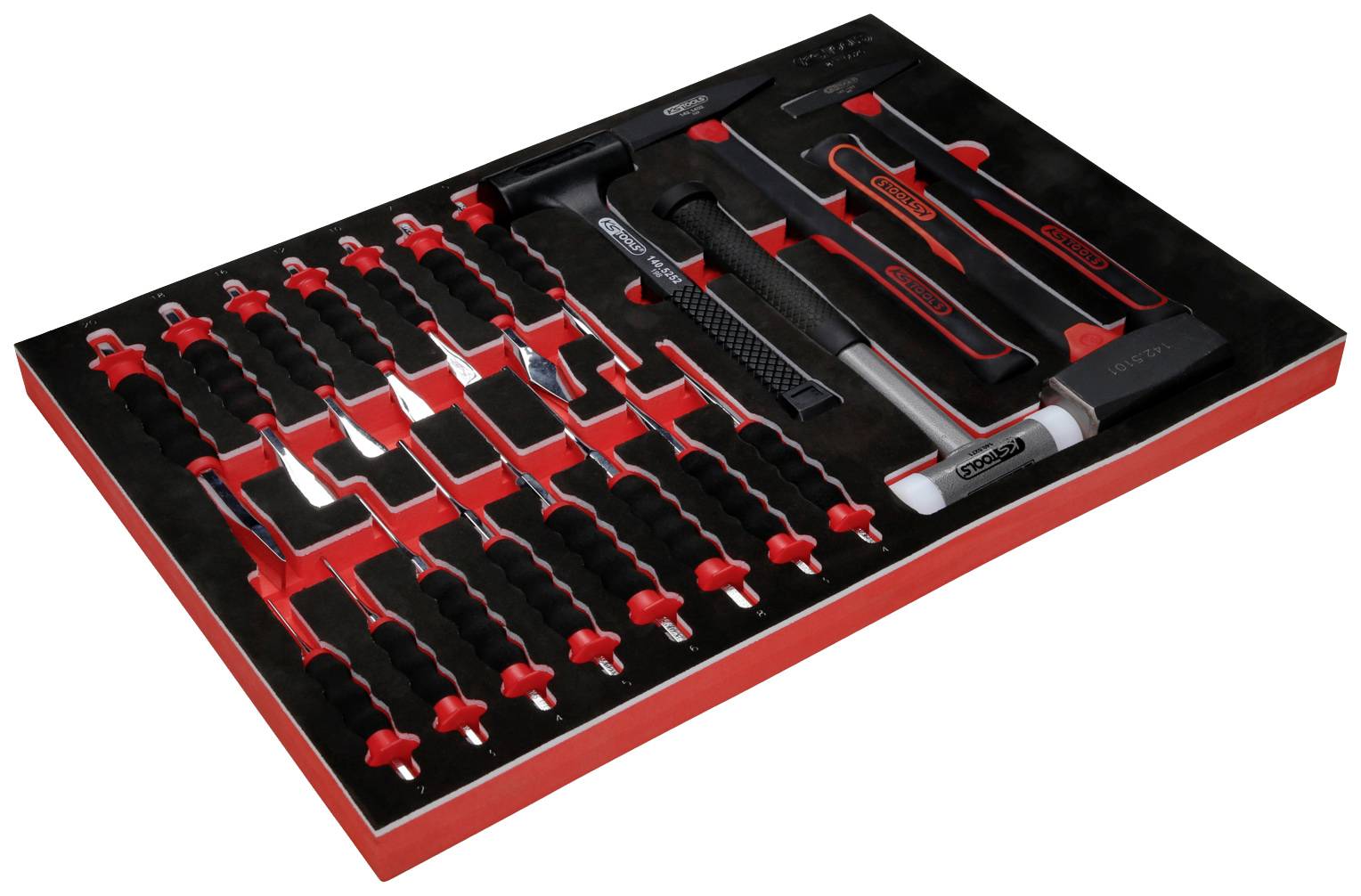 A tool set in foam lining, comprising various screwdrivers, hammers, and pliers, neatly arranged.
