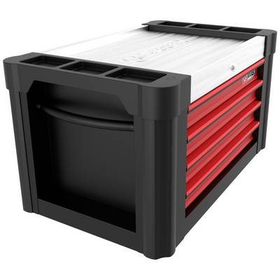 Toolbox with black corners and red drawers. Ideal for storing tools in a workshop environment.