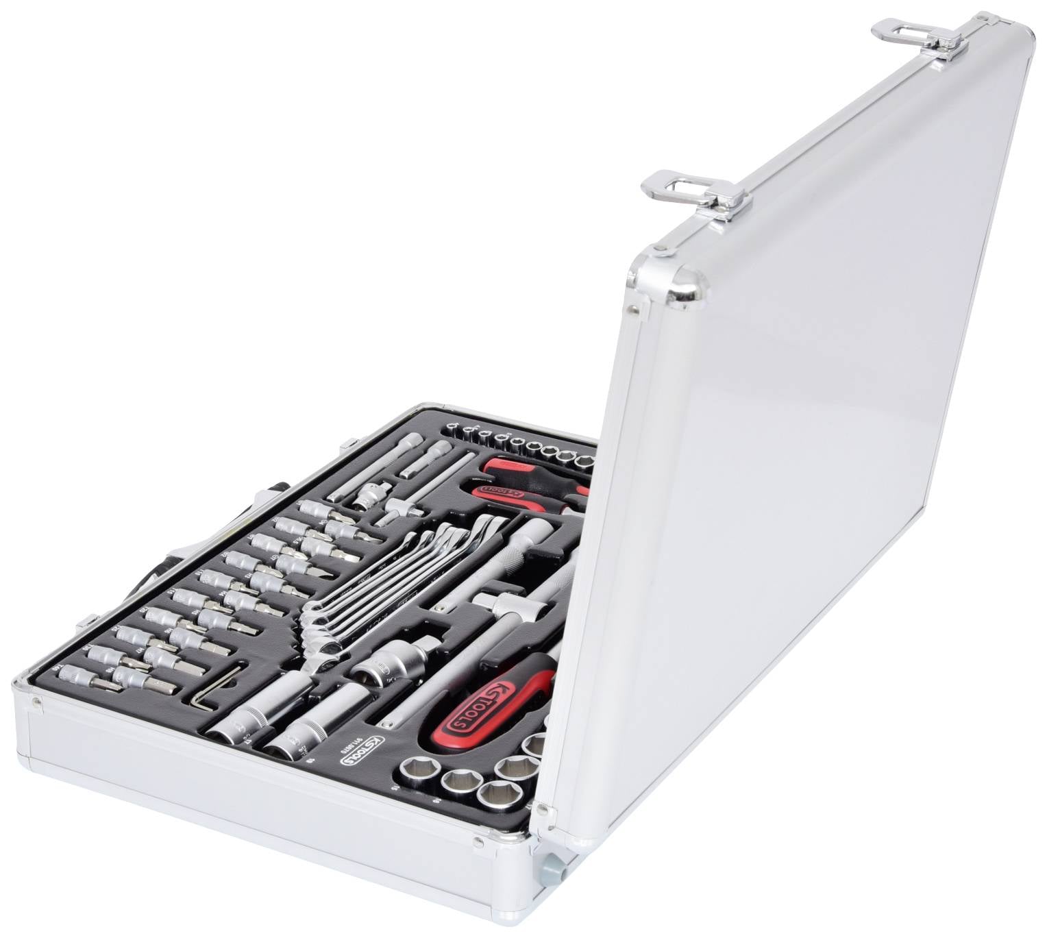 An open toolkit with various socket wrenches, screwdrivers, and pliers, neatly arranged in compartments.
