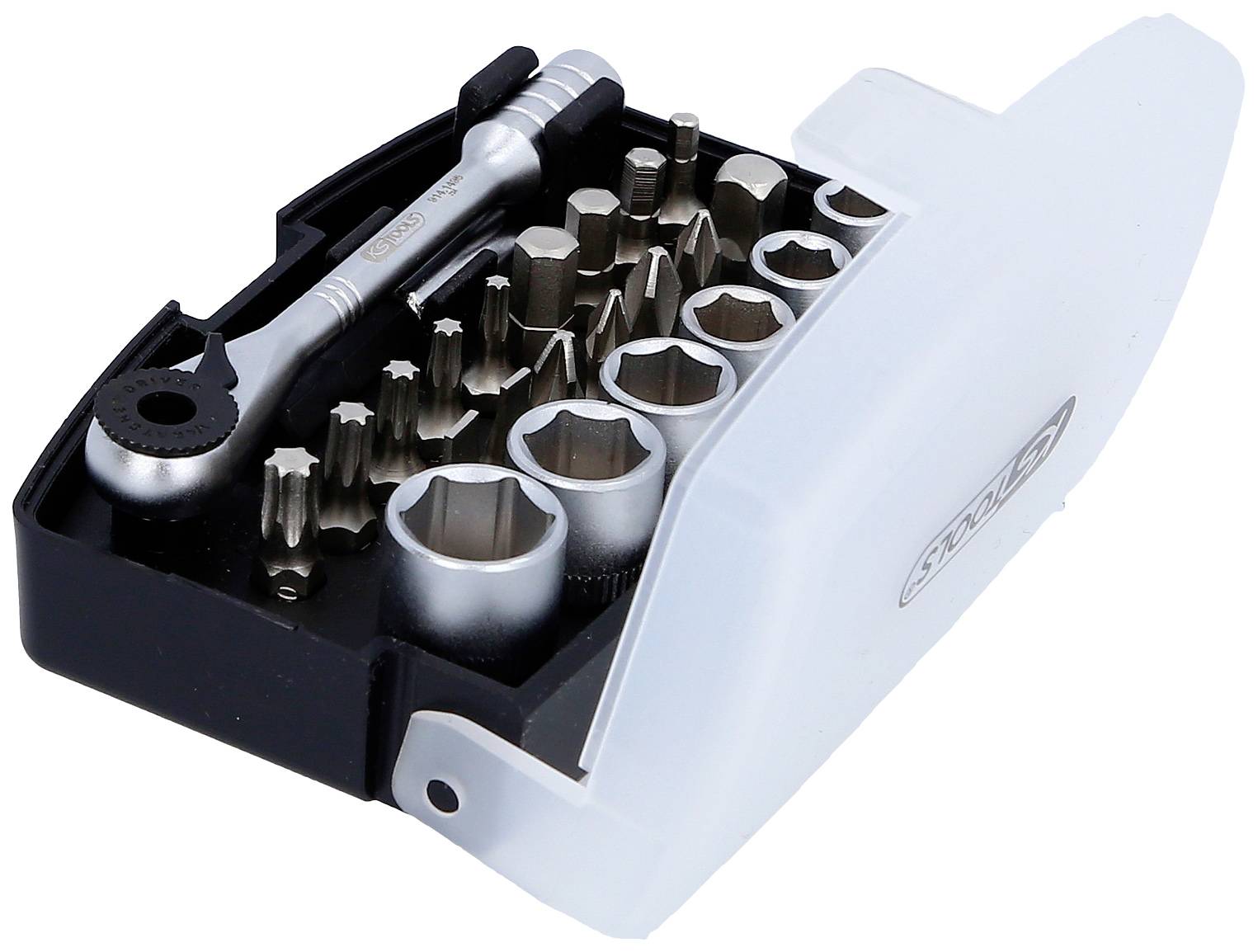 A ratchet set with various socket wrenches and bits, partially visible in a transparent case.