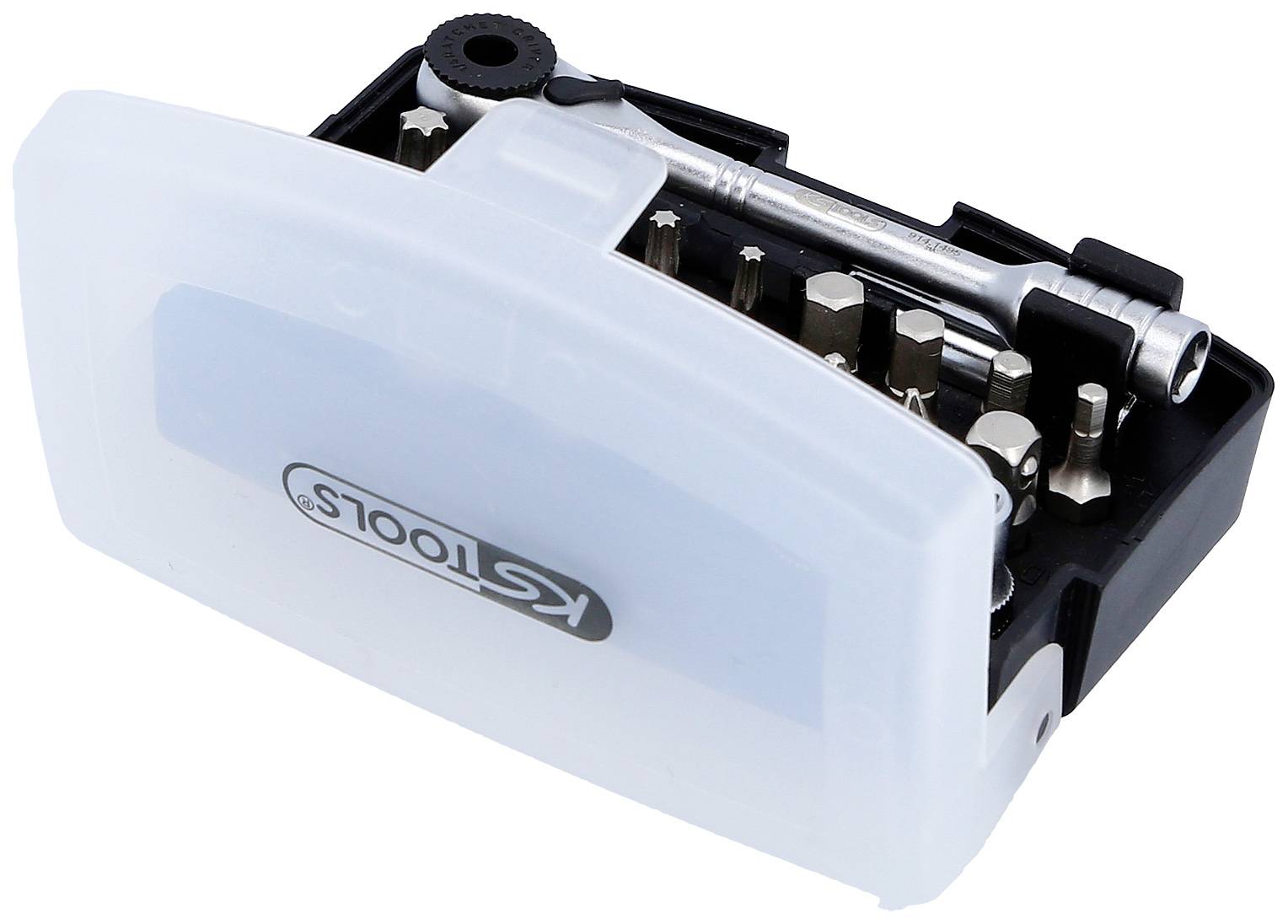 A set of various screw heads and a torque wrench, stored in a clear plastic box.