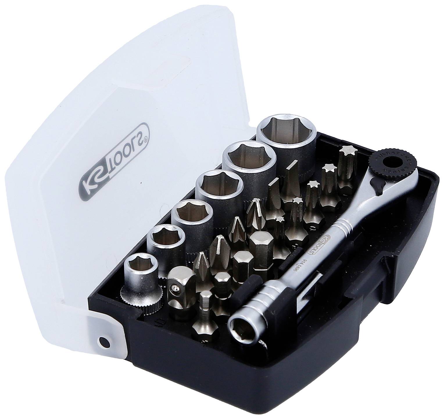 A set of socket wrenches and bits in an open plastic case, with a ratchet, for repairing or assembling devices.