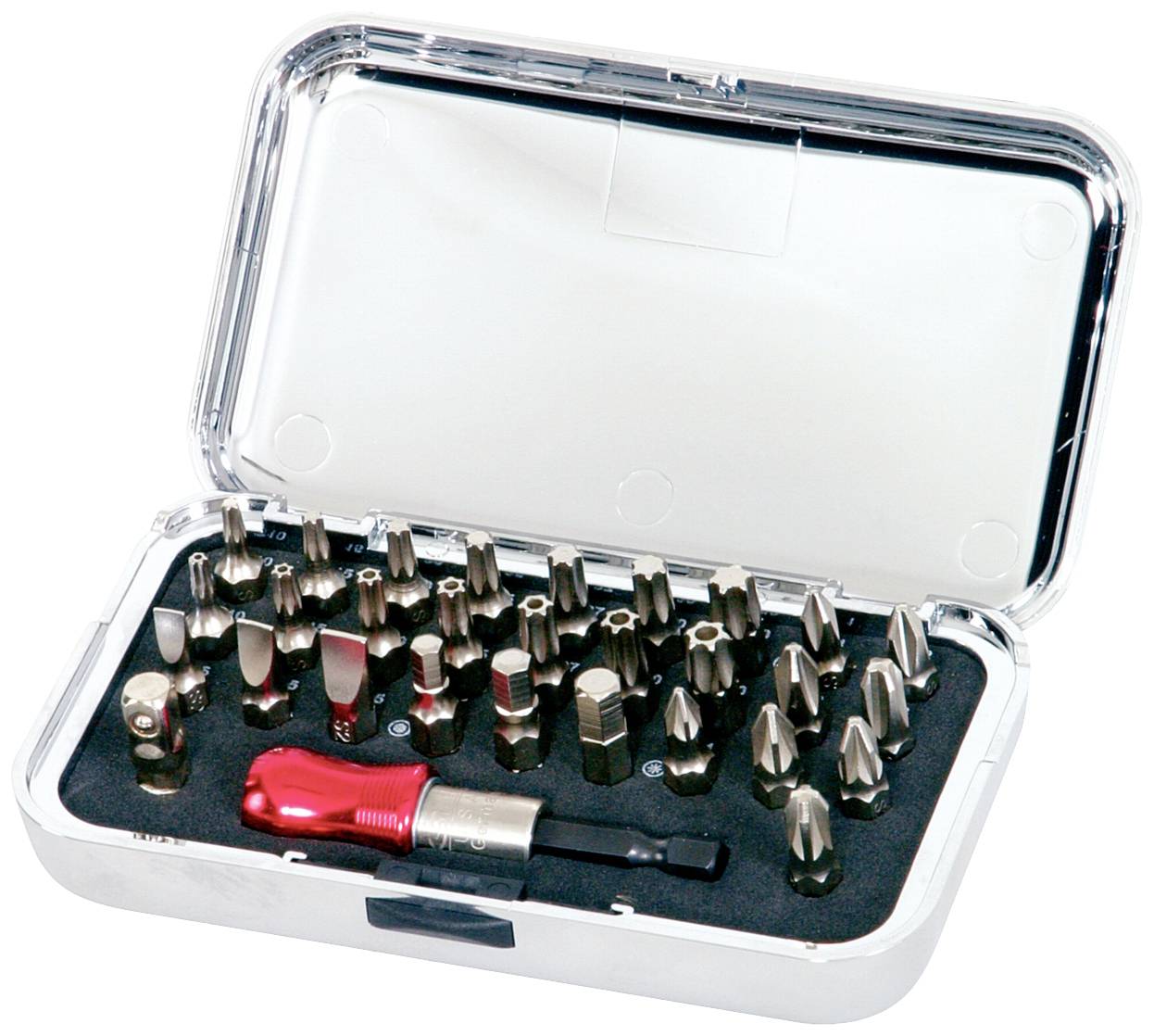 A silver briefcase with an open lid reveals various screwdriver bits and a red handle attachment nestled in a foam insert.
