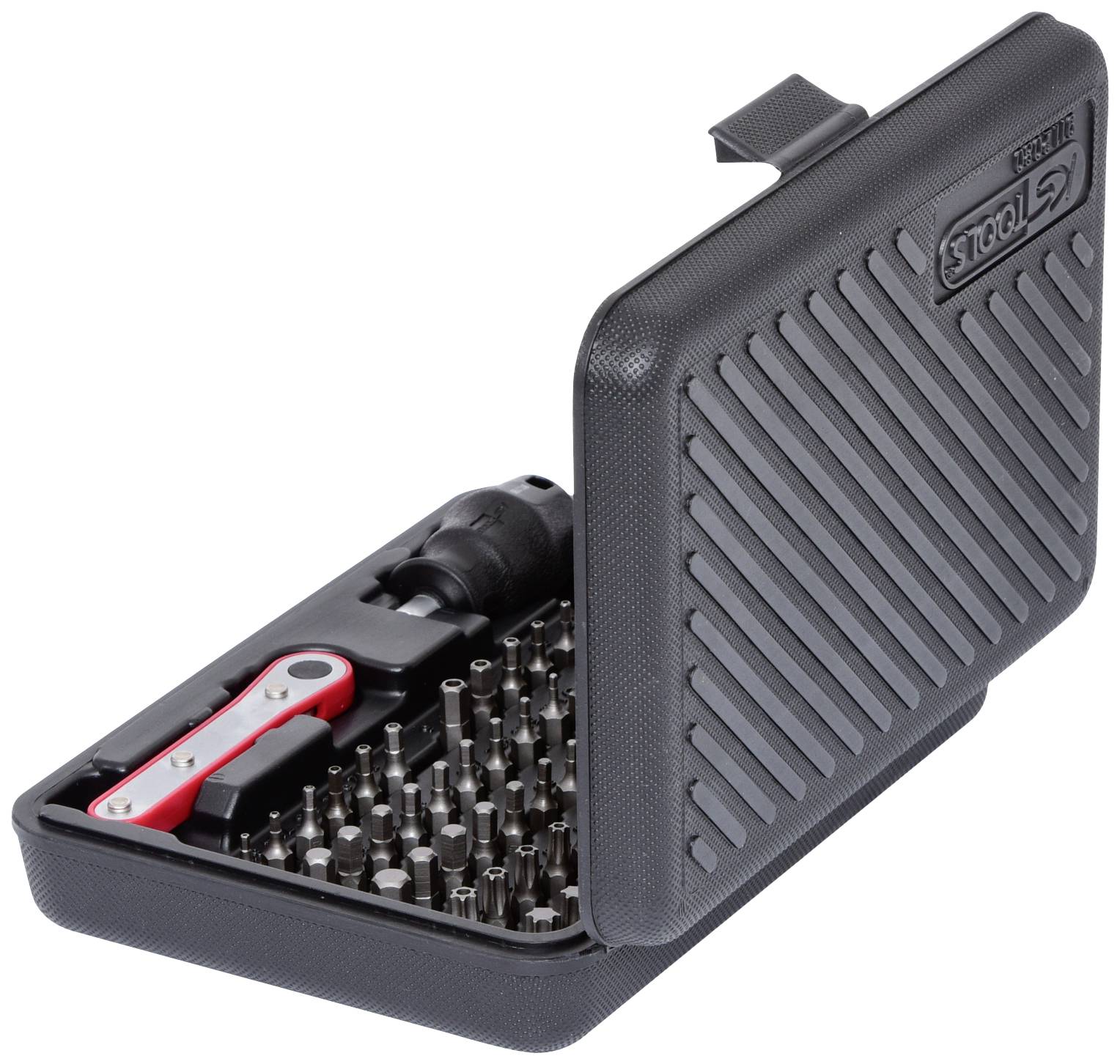 Screwdriver set with various bits, ratchet and handle in an open black tool case.