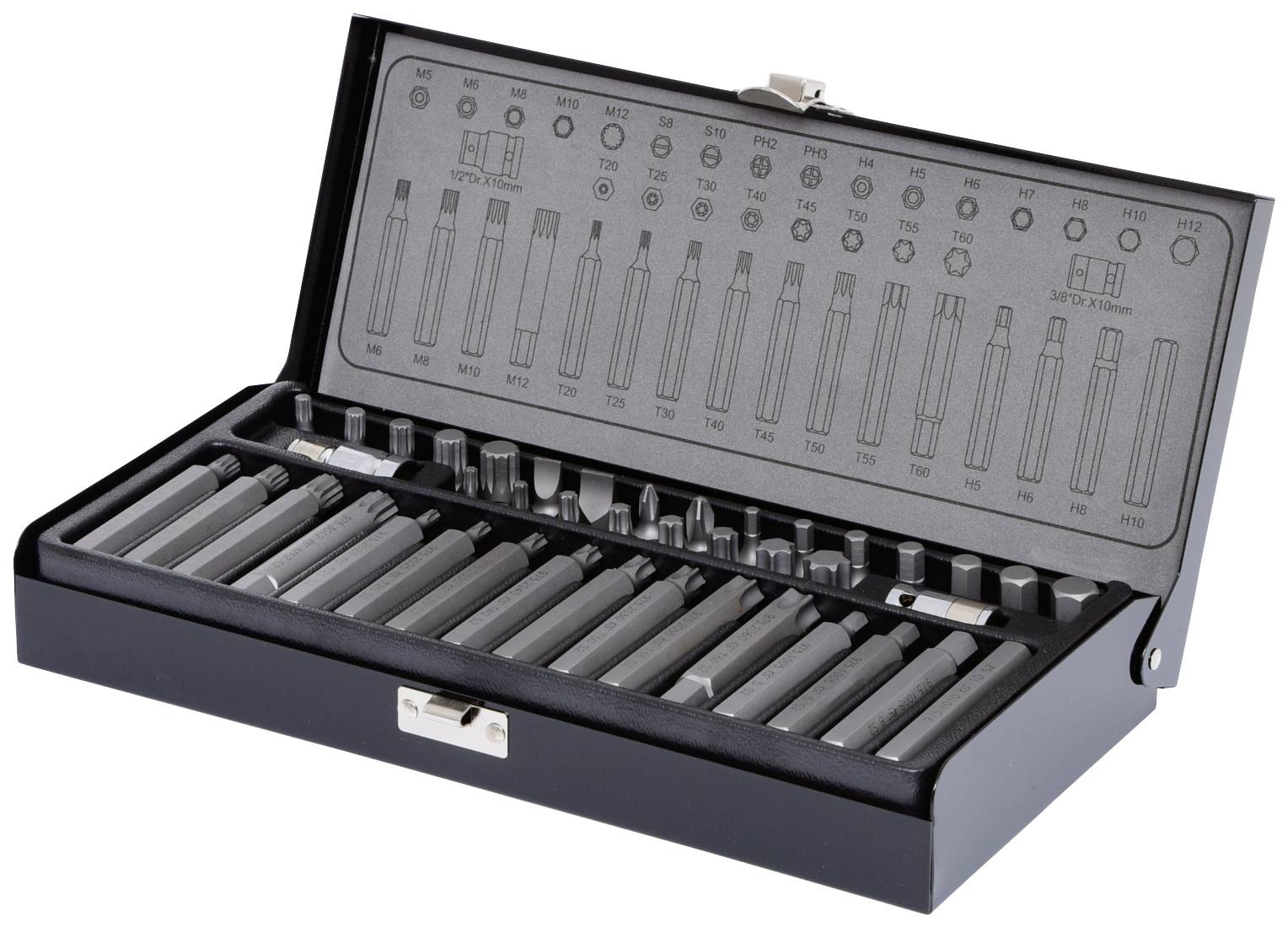 An open black case with various drill bits in different sizes, neatly arranged and with markings on the lid.