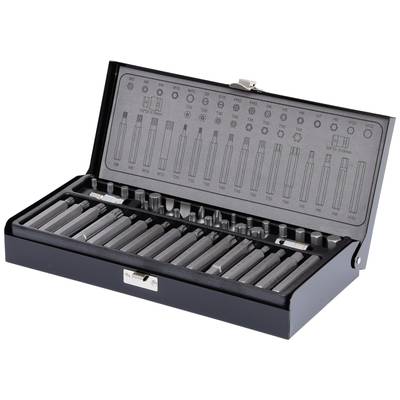 An open black case with various drill bits in different sizes, neatly arranged and with markings on the lid.