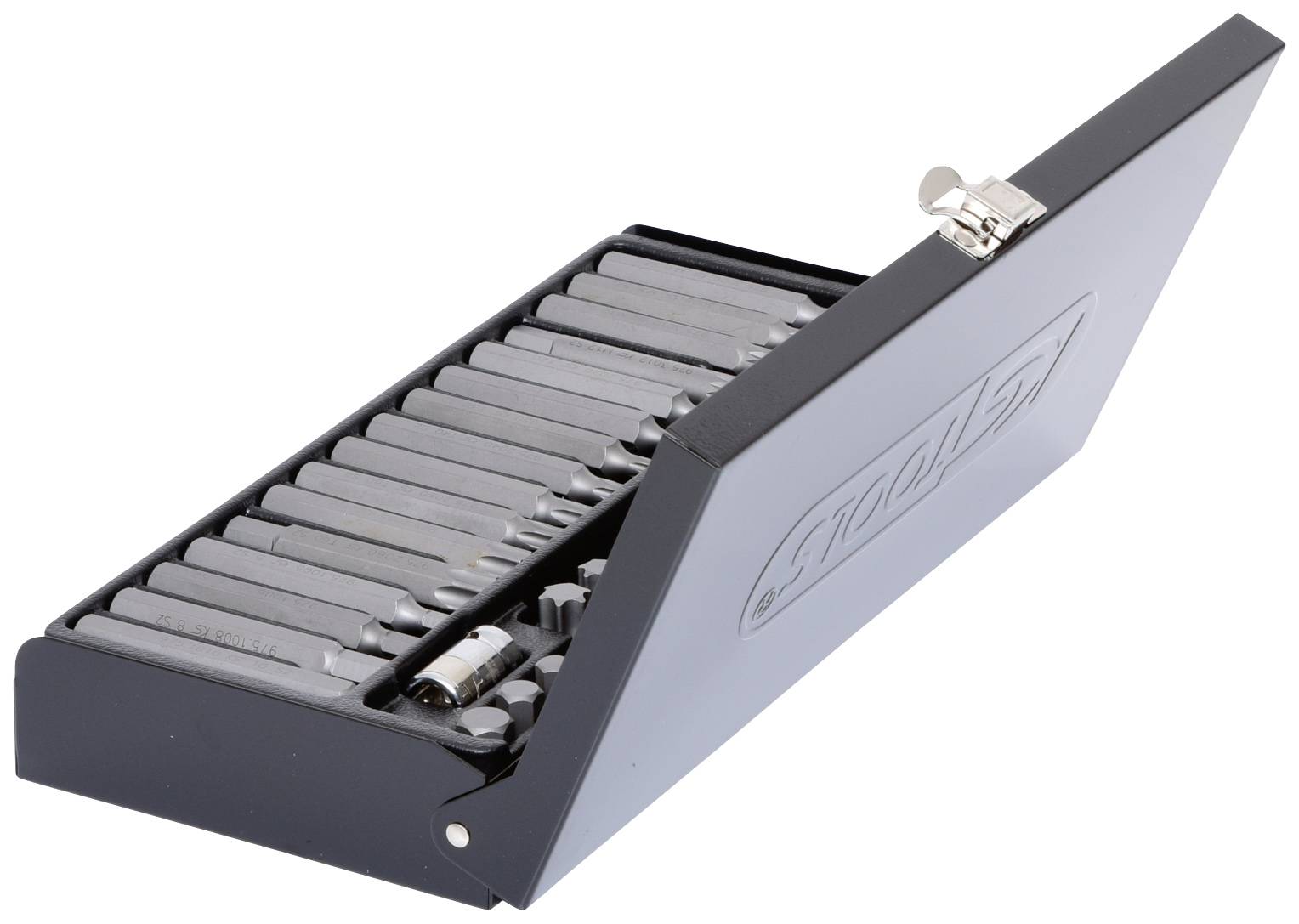 Metal box with an open lid displays a sorted set of socket wrenches.
