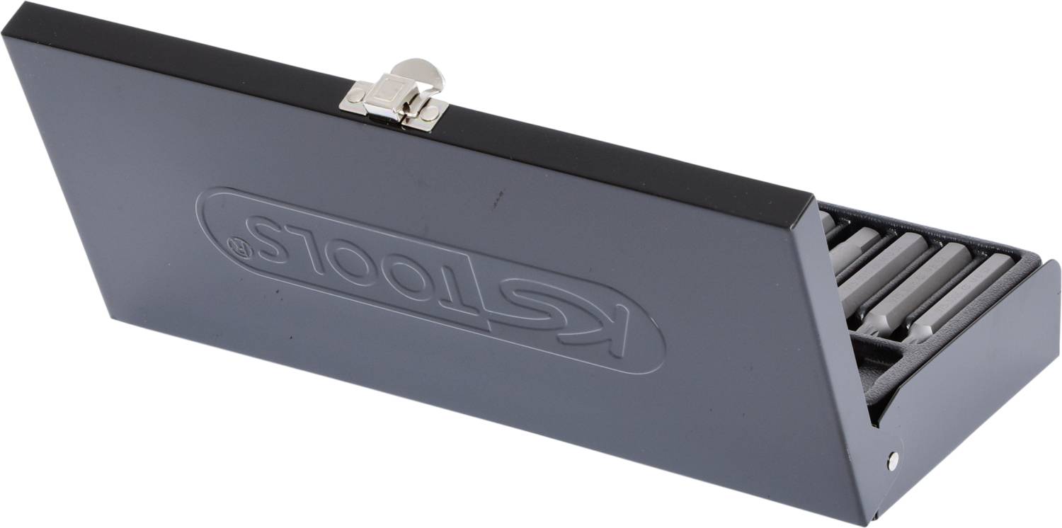 Black metal toolbox with a hinged lid, stamped with 'KS Tools', containing several socket wrenches in various sizes.