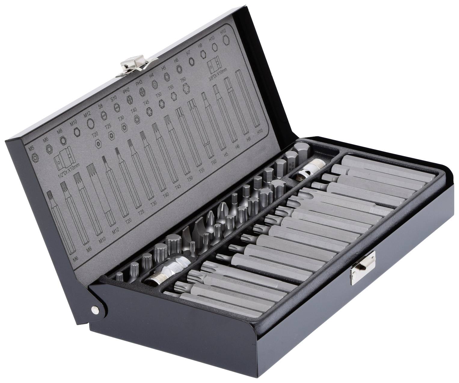 An open suitcase containing a socket wrench set in various sizes, neatly organised in a foam lining.