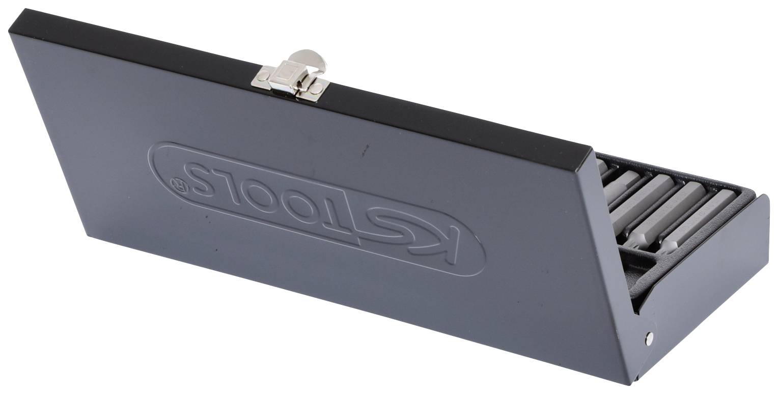 Grey metal toolbox open, containing metal pins or tools. 'KS Tools' logo on the lid.