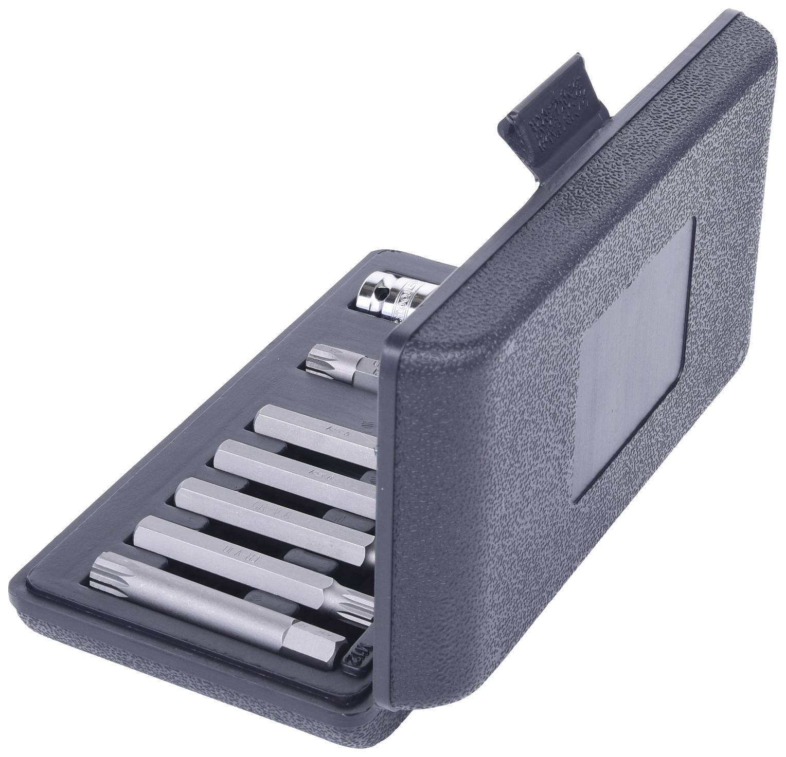 An open black case with several metal drill bit attachments, arranged in neat rows, with one slightly protruding.