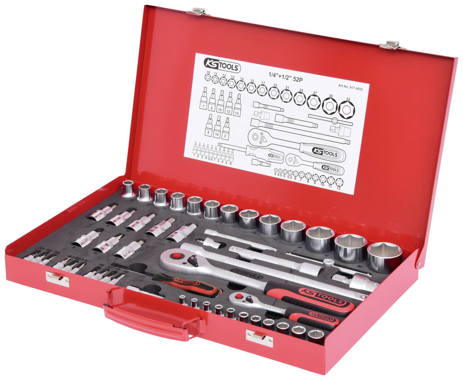Red toolbox with various socket wrenches, ratchet, and accessories, including a deployment plan in the lid for easy orientation.