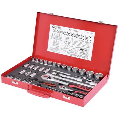 Red toolbox with various socket wrenches, ratchet, and accessories, including a deployment plan in the lid for easy orientation.