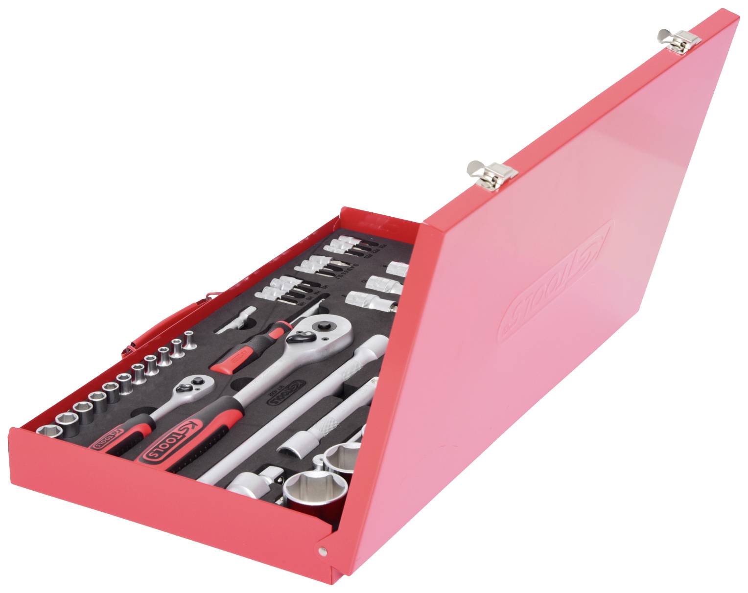 Red tool case with an open lid, showing various spanners and sockets neatly arranged inside.