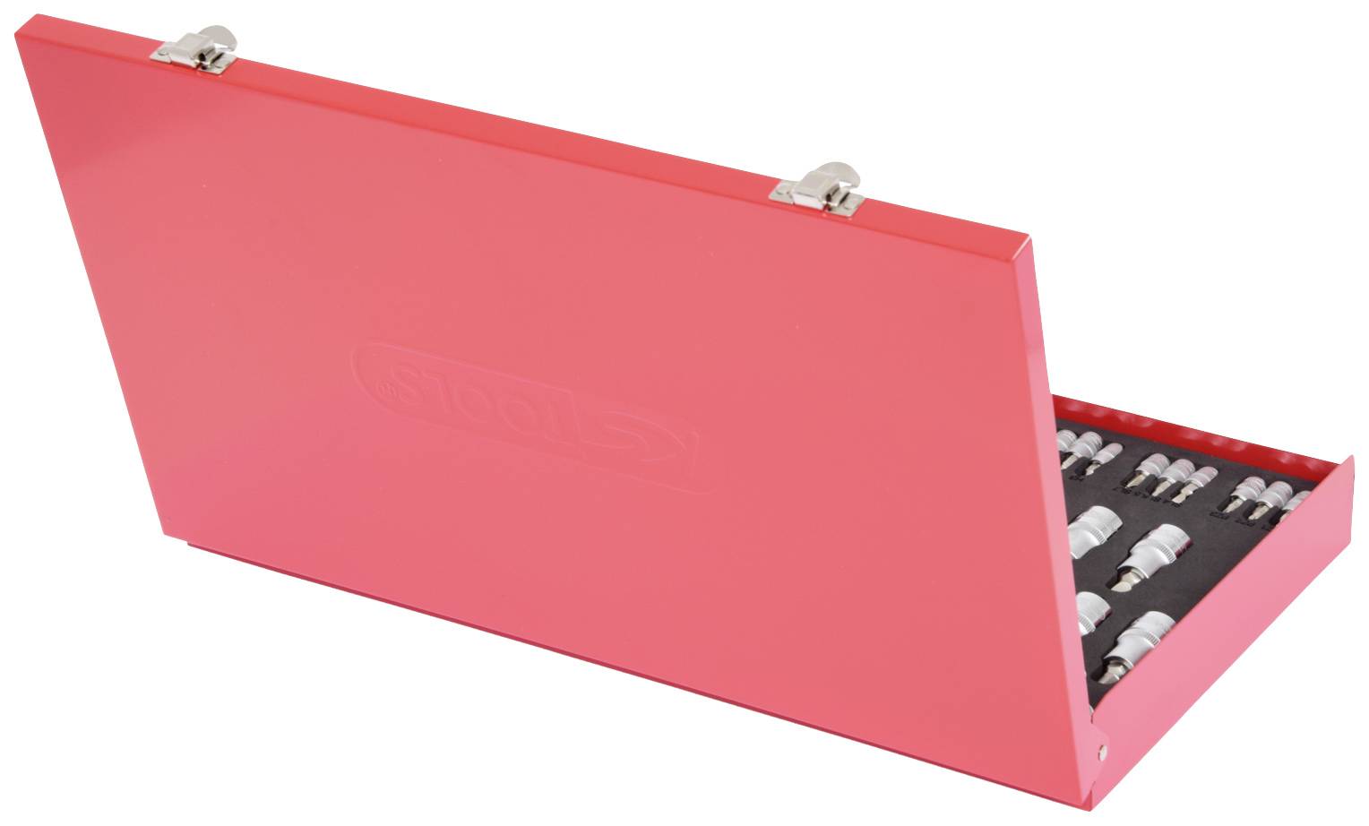 Red metal case with an open lid, displaying a row of tool attachment parts.