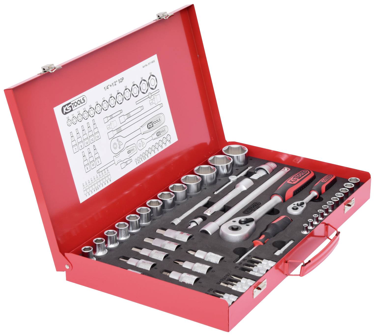 Red tool case with various socket keys, screwdrivers, and ratchets. A tool plan is attached to the lid.