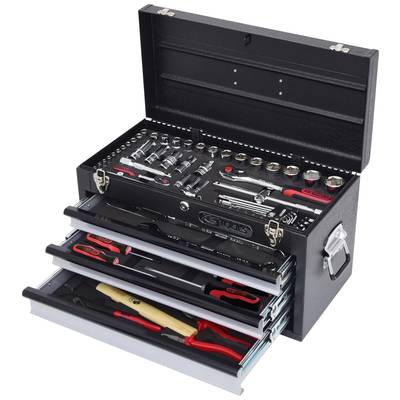 Black toolbox with open drawers, filled with various tools such as spanners, pliers, and screwdrivers.