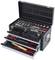 Black toolbox with open drawers, filled with various tools such as spanners, pliers, and screwdrivers.