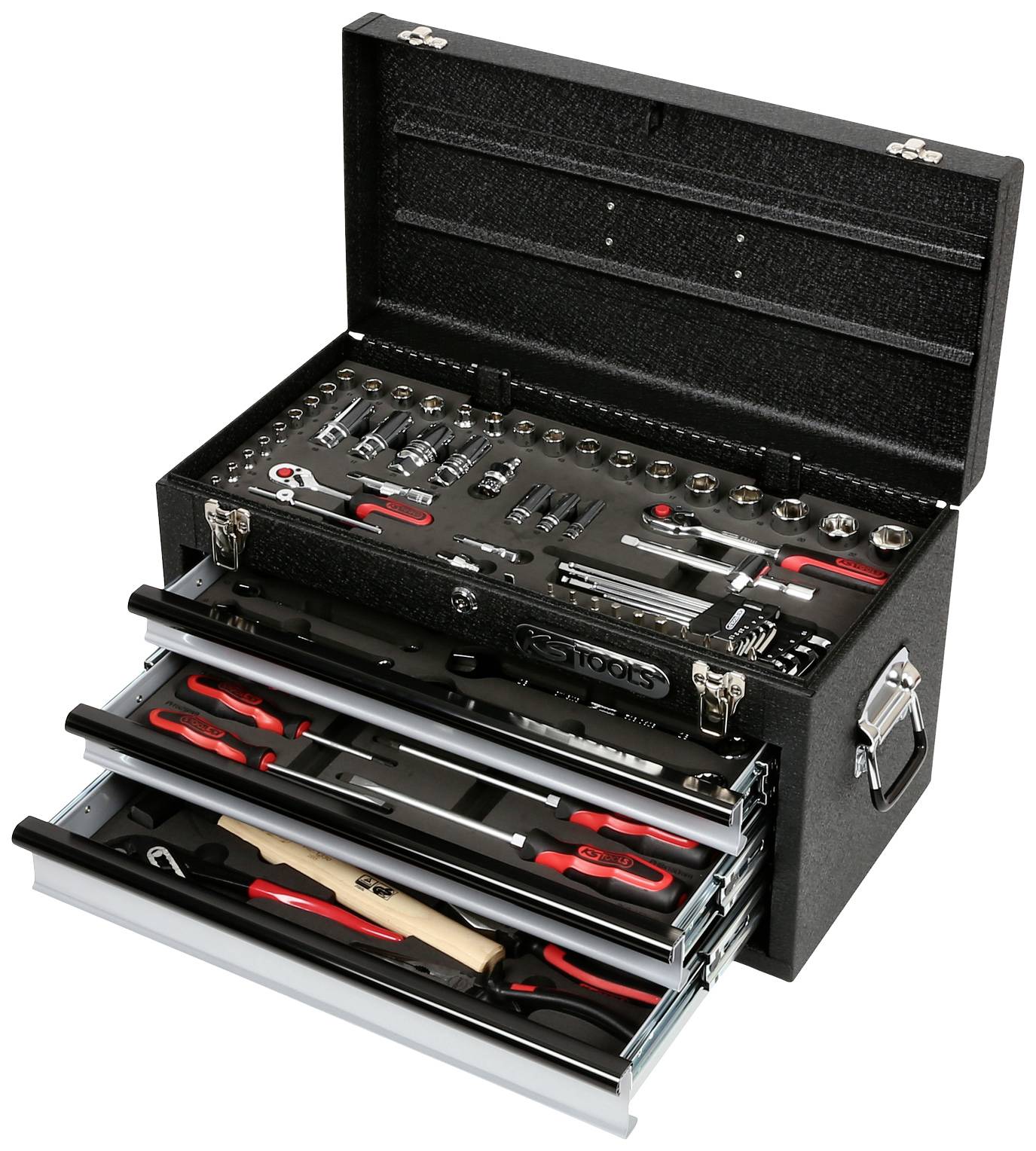 An open toolbox with multiple drawers, filled with various hand tools such as spanners and pliers.