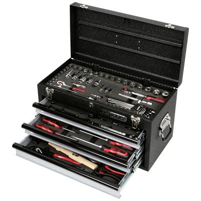 An open toolbox with multiple drawers, filled with various hand tools such as spanners and pliers.