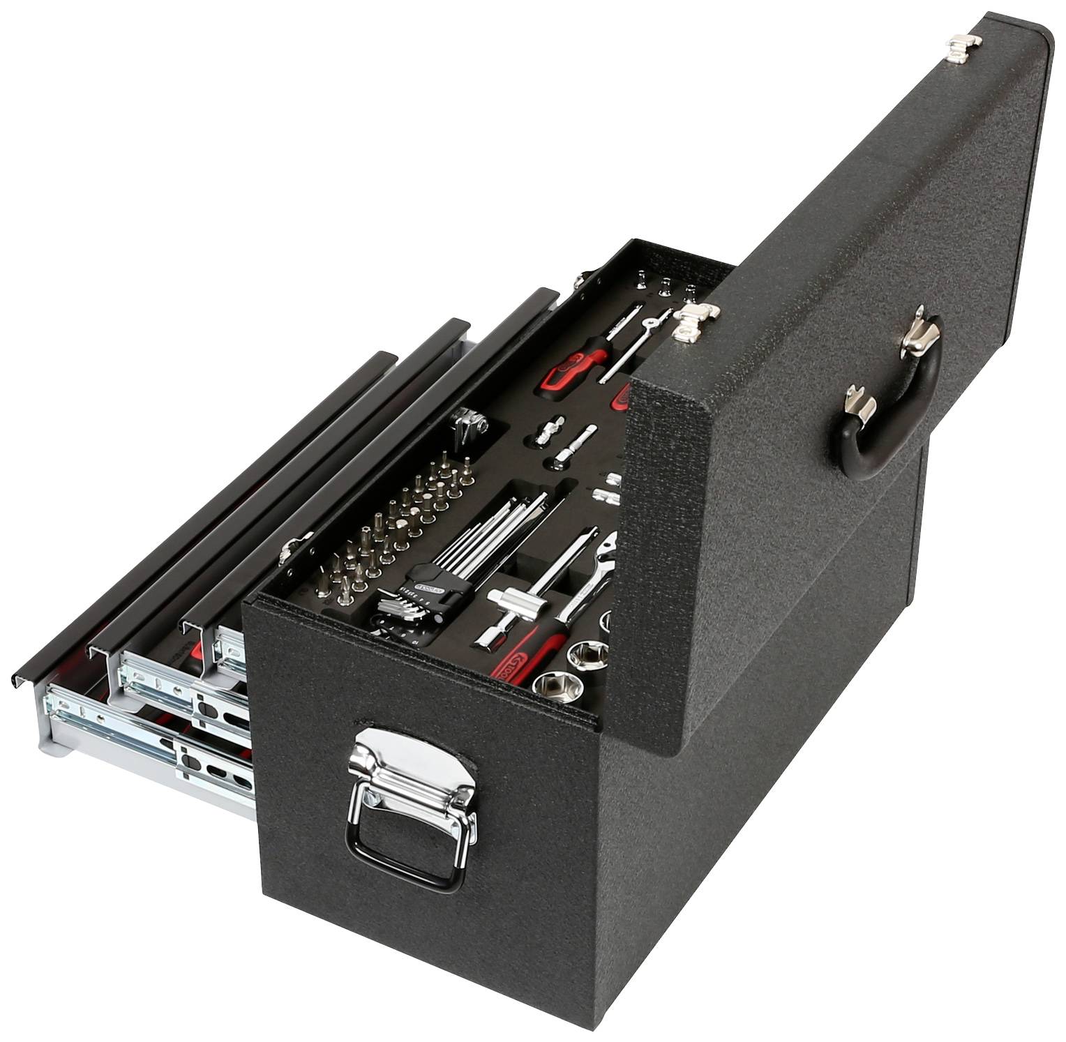 An open toolbox reveals an organised collection of spanners, bits and screwdrivers.