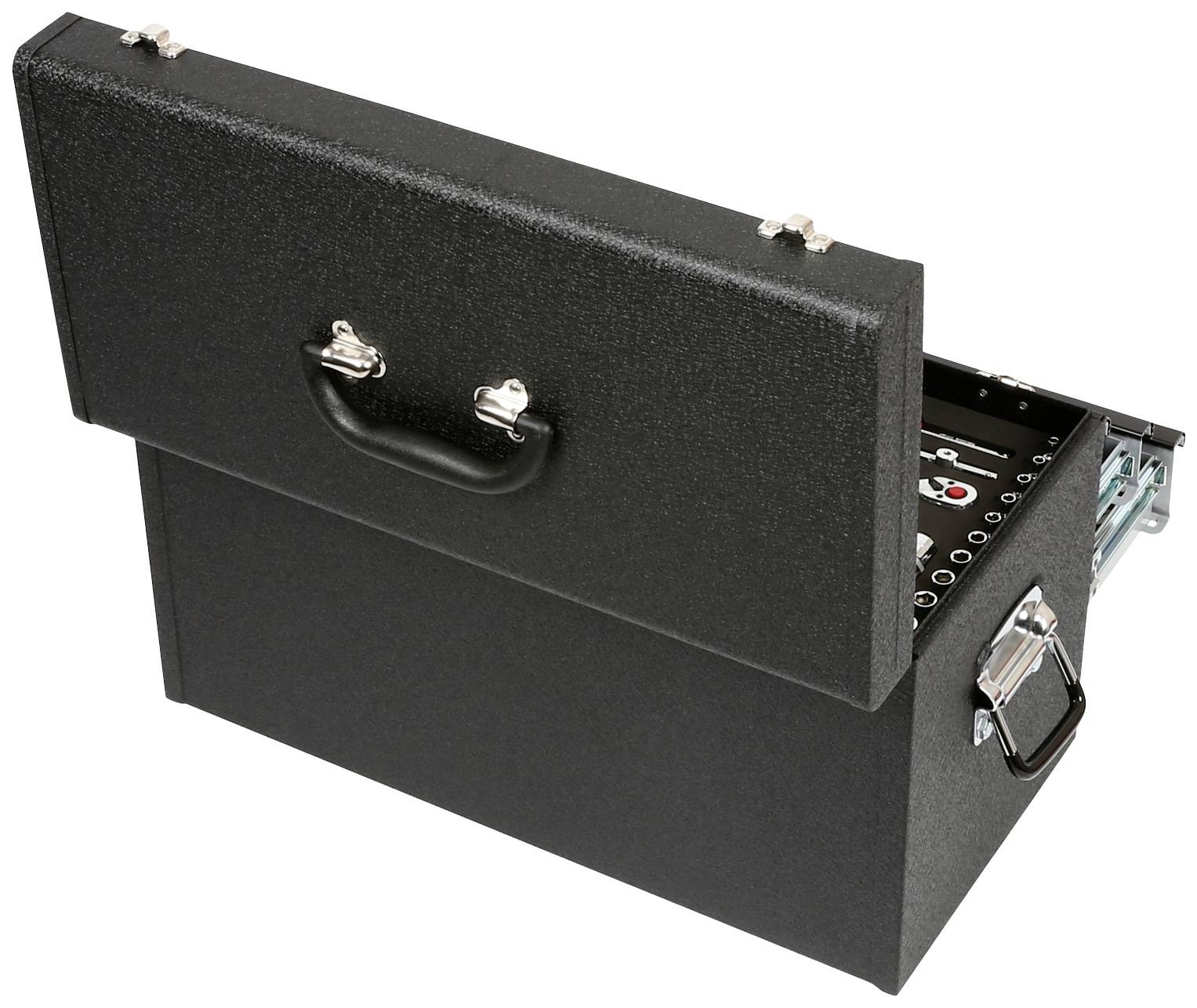 An open black toolbox with a handle at the top, revealing part of its contents, including several slots and cables.