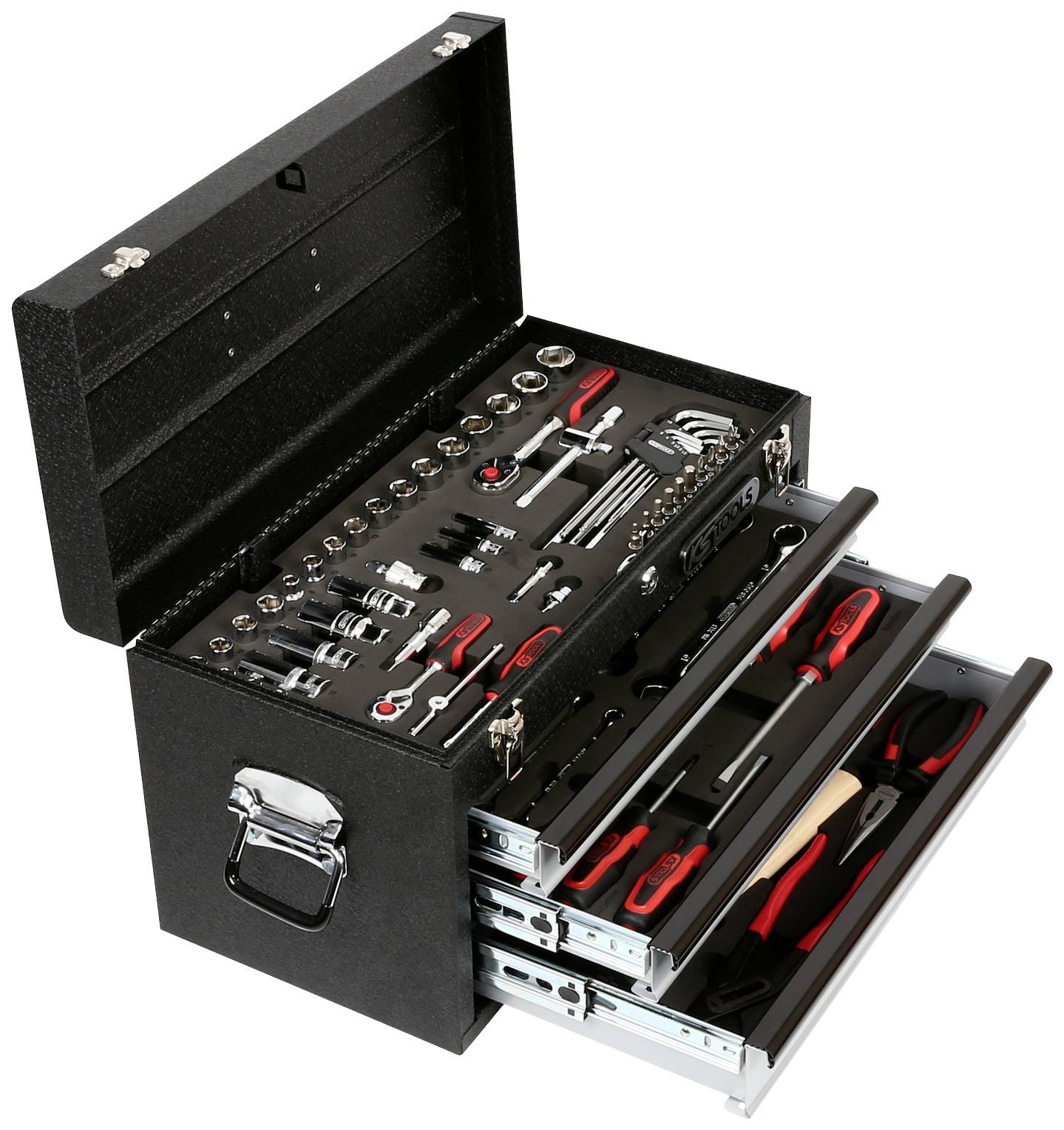 Black tool case with open lid, displaying various tools in organised compartments, including spanners and pliers.