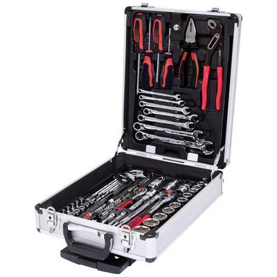 A silver toolbox is open and displays a selection of tools, including screwdrivers, pliers, and spanners.