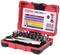 A red toolkit with socket wrenches and bits, including a ratchet. The box is open, displaying various metal attachments.