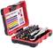 'Tool set with ratchet and various bits in an open, red plastic case.'