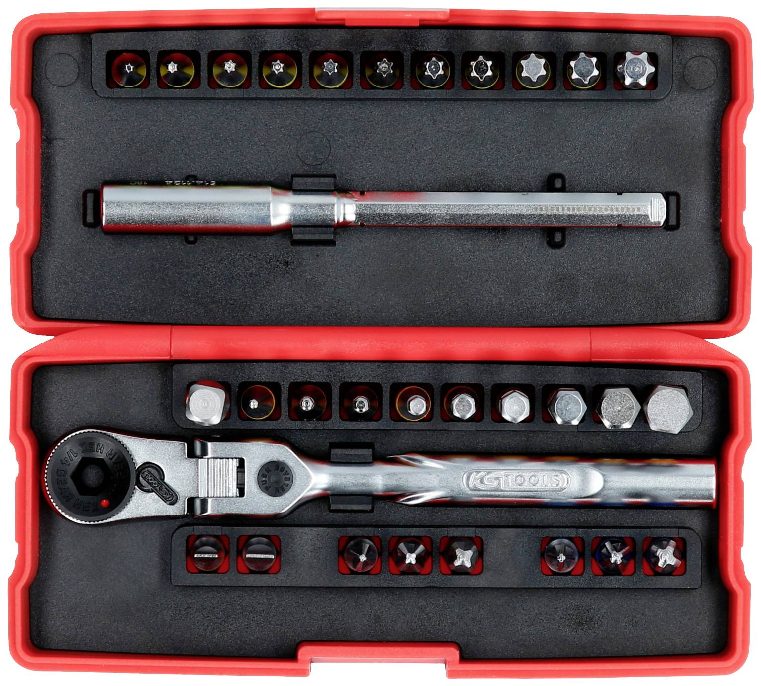 A socket wrench set in a red case, containing various sockets and a ratchet handle.