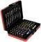 An open red toolbox with multiple screwdriver bits in various sizes and shapes.
